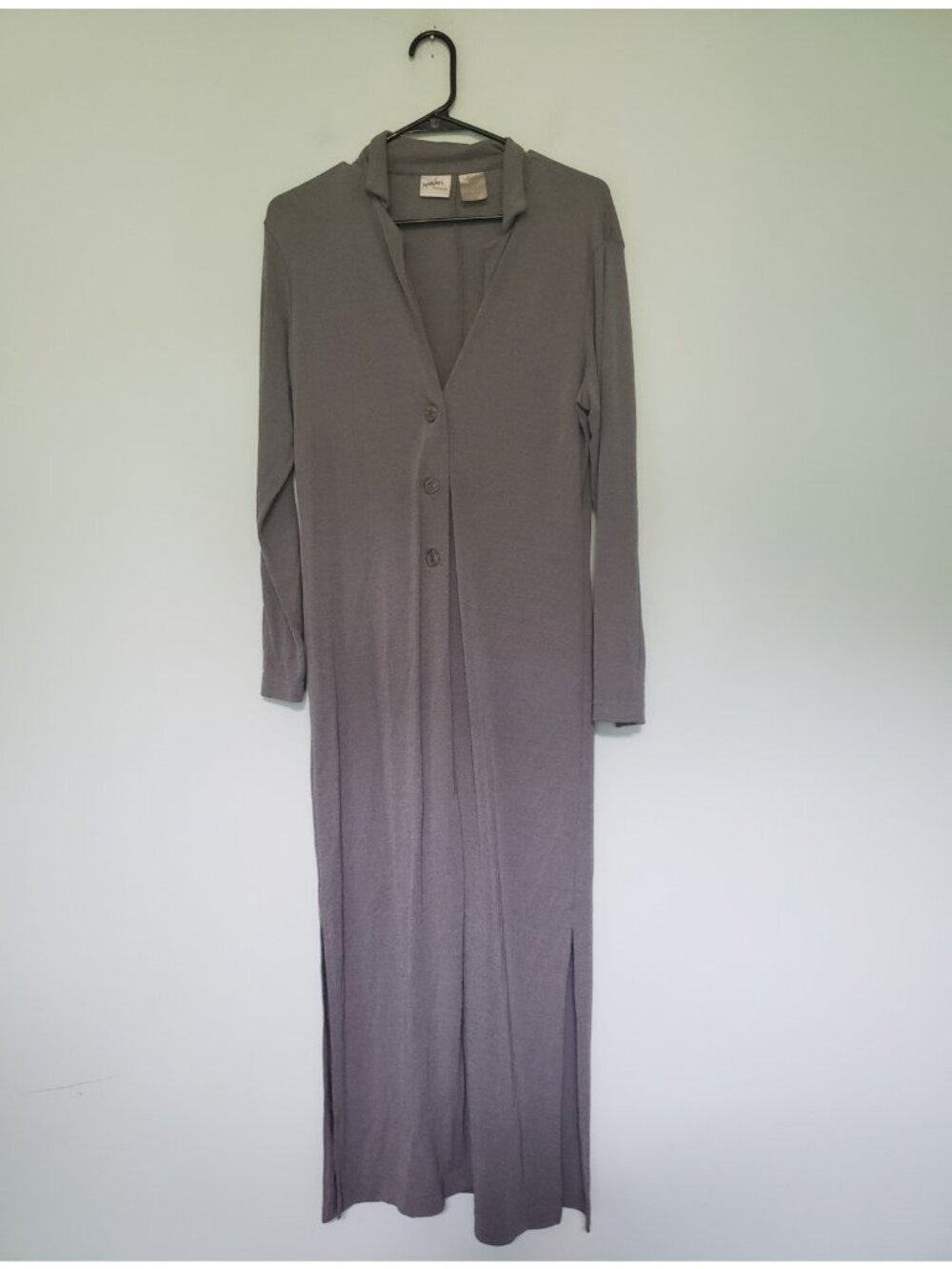 Vtg Jacqueline Ferrar Stretch Womens M Long Midi Duster Coatigan Gray 3 Button